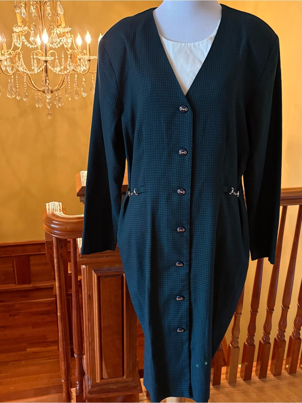 Vtg 80s 90s Miss Dorby Dress Green Black Check Plaid Midi Button Wmn’s 14